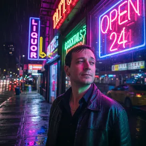 A nighttime portrait of a man lit by neon signs on a city street. - XAI Grok Imagine (Quality)