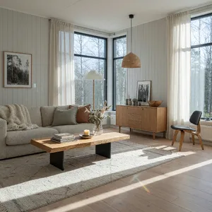 A photorealistic interior of a modern Scandinavian-style living room with natural light streaming through floor-to-ceiling windows. Show detailed wood textures, fabric materials, and proper light reflections. - XAI Grok Imagine (Quality)