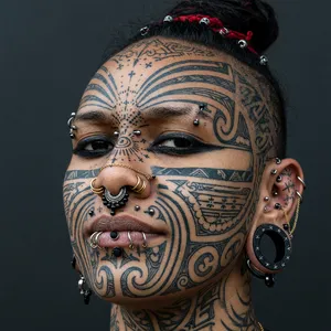 A portrait of a person with elaborate facial tattoos and piercings, shown in sharp detail. - XAI Grok Imagine (Quality)