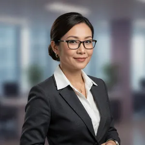 A professional headshot of a businesswoman wearing glasses, against a blurred background. - XAI Grok Imagine (Quality)