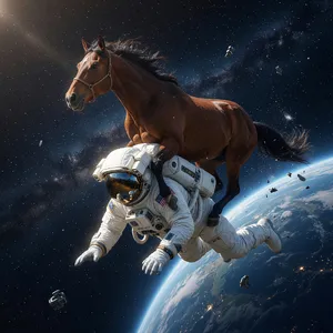 A realistic astronaut being ridden by a horse, photorealistic depiction in outer space with accurate lighting and proportions - XAI Grok Imagine (Quality)
