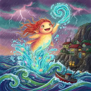 A sea creature rising from a stormy ocean near a village. Replicate the visual style of 'Ponyo' by Studio Ghibli, with Miyazaki's fluid water animations and vibrant creatures. - XAI Grok Imagine (Quality)