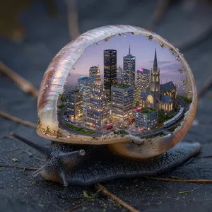 A snail whose shell contains a miniature city skyline, depicted in a hyperrealistic macro photography style with intricate architectural details and ambient lighting. - XAI Grok Imagine (Quality)