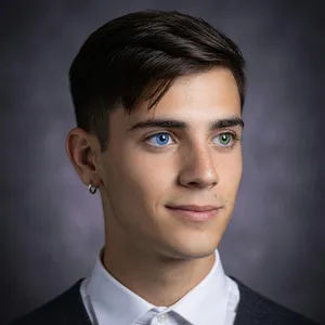 A studio headshot of a young man with one blue eye and one green eye (heterochromia). - XAI Grok Imagine (Quality)