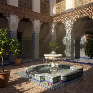 A traditional Moroccan riad courtyard with detailed zellige tilework, flowing fountain, citrus trees, and ornate woodwork. Morning light casting intricate shadow patterns. - XAI Grok Imagine (Quality)