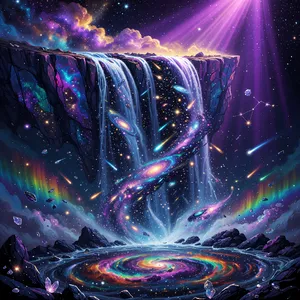 A waterfall that pours out stars and galaxies instead of water, illustrated in a cosmic fantasy style with vibrant space colors and dramatic lighting effects. - XAI Grok Imagine (Quality)