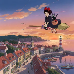 A young witch flying on a broomstick above a coastal town at sunset. Exact art style of 'Kiki's Delivery Service' by Studio Ghibli, with Miyazaki's character design and warm colors. - XAI Grok Imagine (Quality)