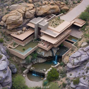 Aerial view of a modernist desert home, in the style of Frank Lloyd Wright's Fallingwater but adapted to desert conditions. Show integration with rocky landscape and water features. - XAI Grok Imagine (Quality)