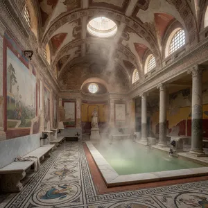 An ancient Roman bathhouse interior with accurate architectural details - marble columns, mosaic floors, arched ceilings, and steam rising from pools. Natural light from oculus openings. - XAI Grok Imagine (Quality)