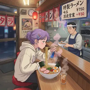 An anime scene of a character eating ramen at a small shop counter (slice-of-life style). - XAI Grok Imagine (Quality)