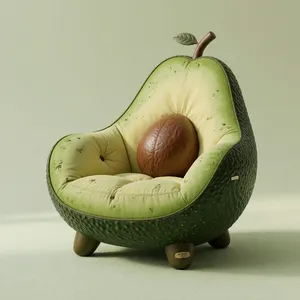 An armchair designed in the shape of an avocado, presented in a contemporary product photography style with professional studio lighting against a minimalist background. - XAI Grok Imagine (Quality)