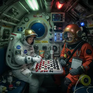 An astronaut and a deep-sea diver playing chess together inside a submarine. - XAI Grok Imagine (Quality)