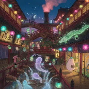 An enchanted bathhouse with glowing lanterns and spirits. Recreate the visual style of 'Spirited Away' by Studio Ghibli, with Miyazaki's ornate architecture and magical atmosphere. - XAI Grok Imagine (Quality)