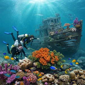 An underwater scene with scuba divers exploring a coral reef alongside colorful fish and a sunken ship. - XAI Grok Imagine (Quality)