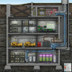 Cross-section rendering of a multi-level underground bunker with different functional areas, structural support systems, ventilation, and power generation facilities visible. - XAI Grok Imagine (Quality)