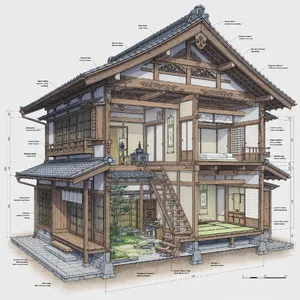 Cutaway architectural drawing of a traditional Japanese machiya townhouse showing all rooms and structural elements. Include accurate proportions, traditional joinery, and typical spatial organization. - XAI Grok Imagine (Quality)