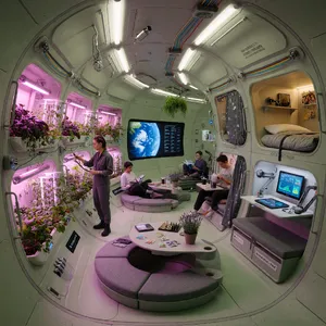 Interior of a futuristic space habitat with hydroponics gardens, communal areas, and living quarters. Show curved walls, artificial gravity considerations, and multipurpose furniture designs. - XAI Grok Imagine (Quality)