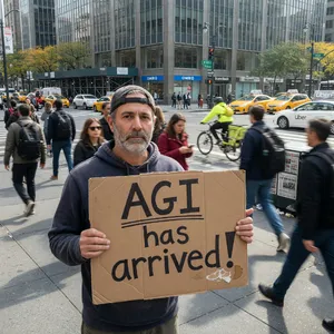 Photorealistic daytime street photograph, clearly showing a man standing still on a busy urban street corner holding a rectangular cardboard sign clearly facing camera, handwritten bold black marker text clearly readable as 
