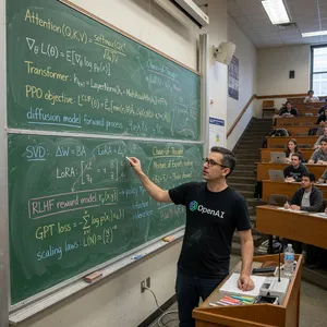 Photorealistic depiction of a man wearing a clearly visible black OpenAI-branded T-shirt. He is standing at the front of a university lecture hall, writing complex mathematics and AI-related equations across a large, dusty chalkboard filled with notation - XAI Grok Imagine (Quality)
