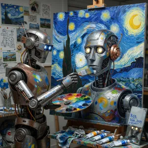 Photorealistic image of a robot painting a realistic self-portrait (i.e. the robot) on canvas, mimicking Van Gogh’s art style; clear, realistic metallic textures and painting details visible - XAI Grok Imagine (Quality)