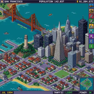 Pixel art cityscape of San Francisco in the iconic SimCity 2000 style, isometric view, detailed skyscrapers, residential areas, clearly identifiable Golden Gate Bridge, Coit Tower, Transamerica Pyramid, surrounded by the classic SimCity 2000 UI elements - XAI Grok Imagine (Quality)