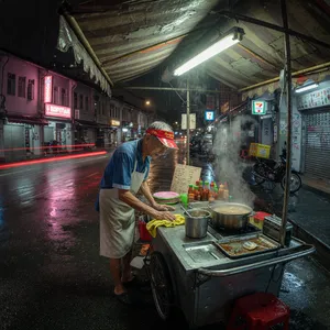 Rain-slicked Singapore street, 3 AM. A lone elderly hawker cleans his cart under one flickering fluorescent light. Steam rises gently. Low-angle shot, photorealistic - XAI Grok Imagine (Quality)