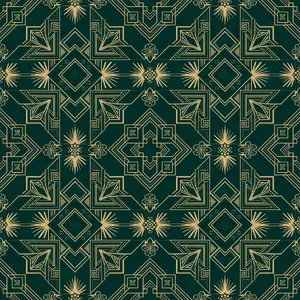 Seamless geometric pattern, Art Deco style, gold lines on deep emerald green background, high resolution texture for print. - XAI Grok Imagine (Quality)