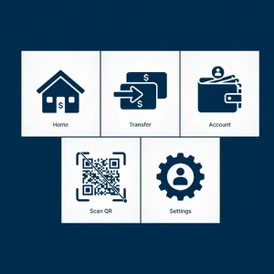 Set of 5 consistent flat design icons for a mobile banking app: 'Home', 'Transfer', 'Account', 'Scan QR', 'Settings'. Monochrome dark blue. - XAI Grok Imagine (Quality)