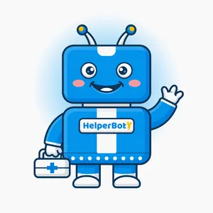 Simple flat vector mascot: friendly smiling robot character 'HelperBot', approachable design, primarily blue and white. - XAI Grok Imagine (Quality)
