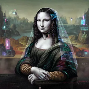 The Mona Lisa reimagined as a futuristic android, rendered in a digital art style that preserves Da Vinci's composition while incorporating sleek cyberpunk aesthetics and technological elements. - XAI Grok Imagine (Quality)