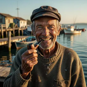 A 4K photo of an old fisherman with a weathered face and a pipe, grinning. - XAI Grok Imagine