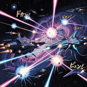 A 90s anime-style space battle scene with giant starships and laser beams. - XAI Grok Imagine