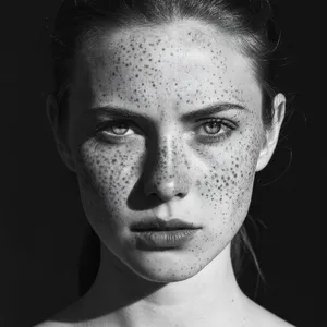 A black and white close-up portrait of a freckled woman with an intense gaze. - XAI Grok Imagine