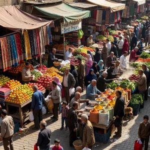 A bustling market scene with dozens of people buying and selling goods. - XAI Grok Imagine