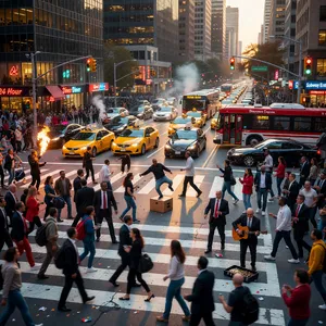 A busy city intersection with cars, pedestrians, and street performers all in one frame. - XAI Grok Imagine