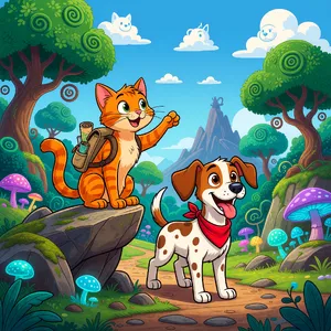 A cartoon of a cat and a dog on an adventure, drawn in a colorful 2D style. - XAI Grok Imagine