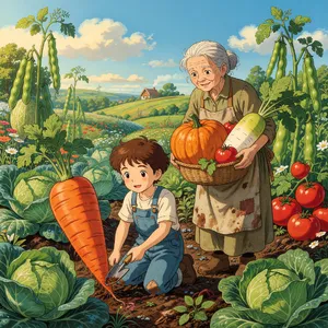 A child and elder tending oversized vegetables in a garden. Reproduce the artistic style of Studio Ghibli, with their distinctive character proportions and detailed plant illustrations. - XAI Grok Imagine