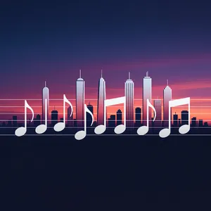 A city skyline that forms the shape of musical notes on a staff, created in a stylized graphic design aesthetic with clean architectural lines and dramatic twilight colors. - XAI Grok Imagine