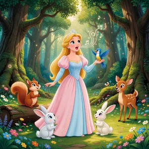 A classic Disney-like 2D cartoon princess singing with animals in a forest. - XAI Grok Imagine
