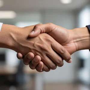 A close-up of two people shaking hands, both hands fully visible with five fingers each, in sharp focus against a blurred background. - XAI Grok Imagine