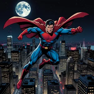 A comic-book style superhero flying over a city at night, with halftone shading. - XAI Grok Imagine