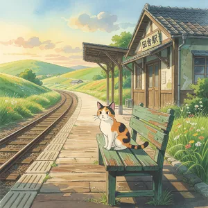 A countryside train station with a cat waiting on a bench. Rendered in Studio Ghibli animation style with Miyazaki's watercolor backgrounds and hand-drawn quality. - XAI Grok Imagine