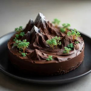 A dessert cake that looks like a tiny planet, complete with miniature trees and mountains, photographed in a professional food photography style with tilt-shift focus effect. - XAI Grok Imagine