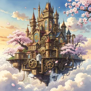 A floating steampunk castle in the sky with intricate mechanical gears and cherry blossom trees, illustrated in Hayao Miyazaki's Castle in the Sky (1986) art style with watercolor textures and detailed line work. - XAI Grok Imagine