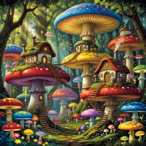 A forest of giant mushrooms with houses built on top of them, rendered in a whimsical Studio Ghibli-inspired art style with vibrant colors and fantastical details. - XAI Grok Imagine