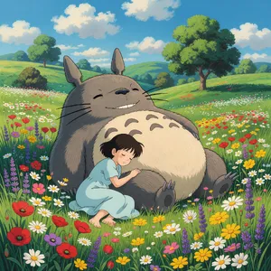 A girl and a giant fluffy creature napping in a wildflower meadow. Reproduce the art style of 'My Neighbor Totoro' by Studio Ghibli, with Miyazaki's soft character designs. - XAI Grok Imagine