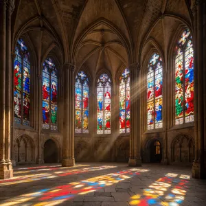 A Gothic cathedral interior at sunset with light streaming through detailed stained glass windows, creating colored patterns on stone floors and columns. Show accurate ribbed vaulting. - XAI Grok Imagine