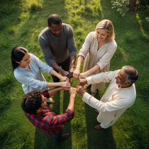 A group of five people joining hands in a circle, seen from above. - XAI Grok Imagine