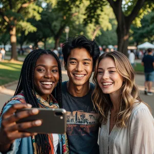 A group selfie of three friends of different ethnic backgrounds smiling at the camera. - XAI Grok Imagine