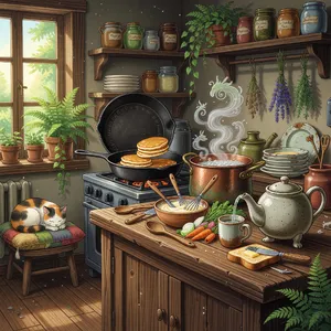 A kitchen with magical cooking implements preparing breakfast. Duplicate the artistic style of Studio Ghibli's domestic scenes, with Miyazaki's detailed settings and warm lighting. - XAI Grok Imagine